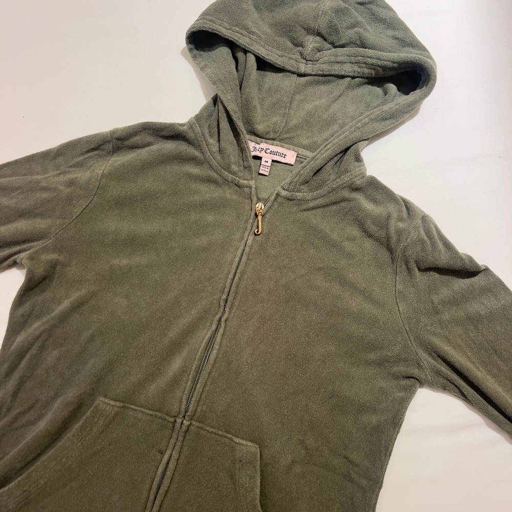 Juicy Couture Olive Green Velour Zip Up Hoodie J Zipper Pull Mens Size Medium